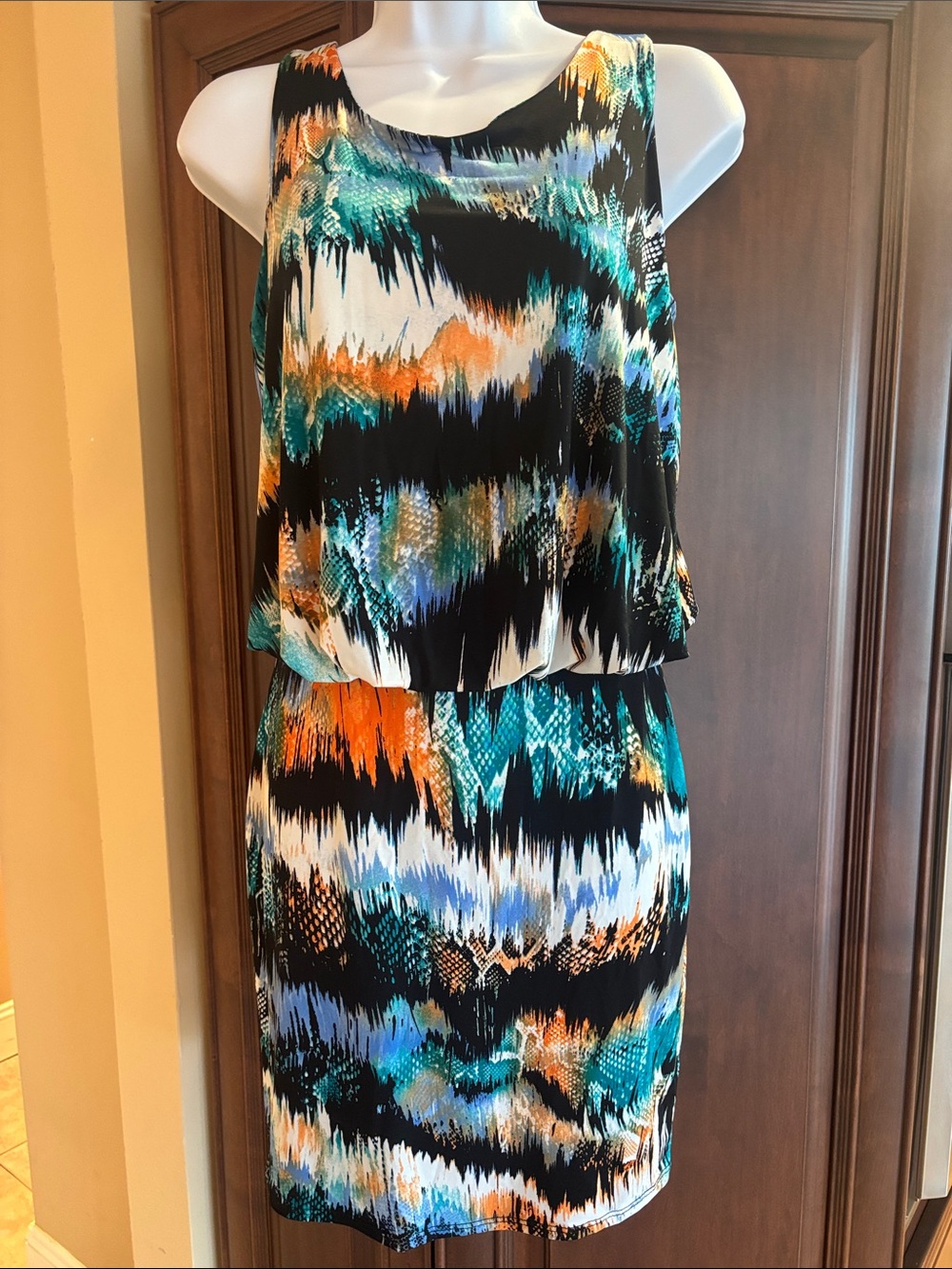 S-Twelve Mini Dress in Teal, Black & Orange Abstract Print